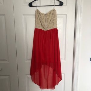 Coral and lace strapless dress